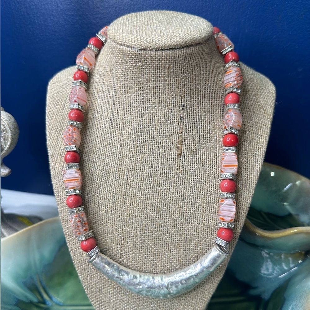 Handcrafted Genuine Millefiori & Gemstone Beaded Necklace 18”